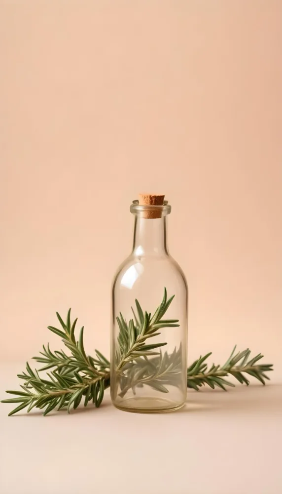 An Empty Transparent Glass Bottle With Rosemary Leaves In Front Of A Light Brown Background 2 5a8c