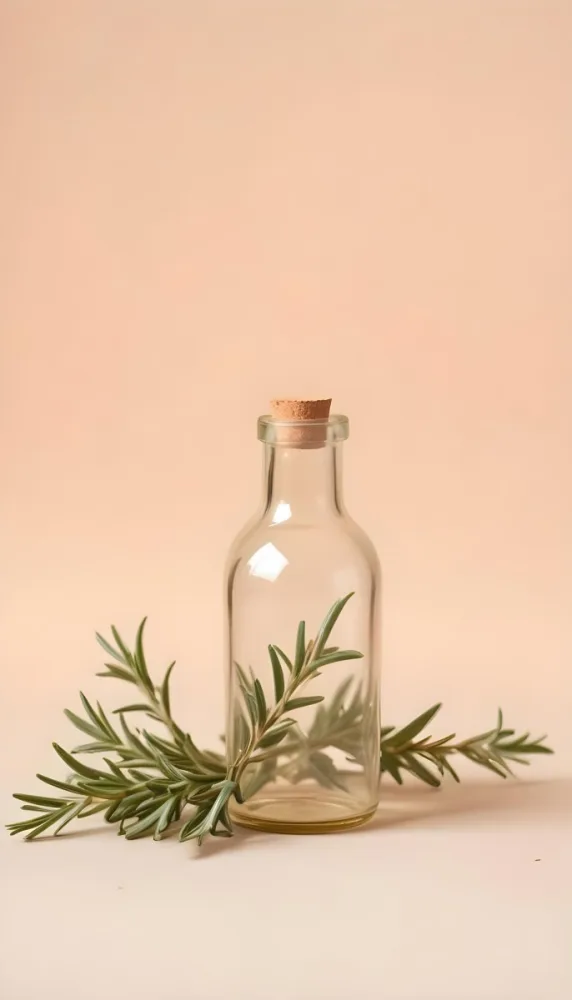An Empty Transparent Glass Bottle With Rosemary Leaves In Front Of A Light Brown Background 20 Fbea