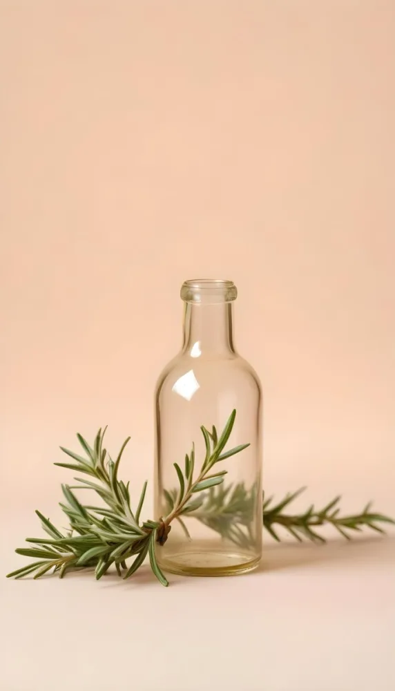 An Empty Transparent Glass Bottle With Rosemary Leaves In Front Of A Light Brown Background 21 07cb
