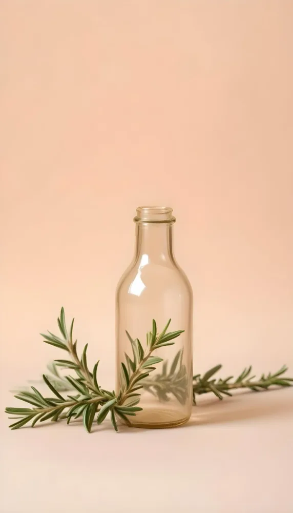 An Empty Transparent Glass Bottle With Rosemary Leaves In Front Of A Light Brown Background 23 D3a9
