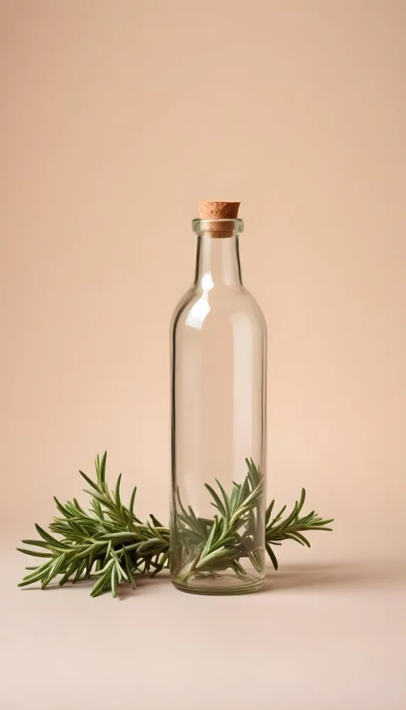 An Empty Transparent Glass Bottle With Rosemary Leaves In Front Of A Light Brown Background 3 C2cc