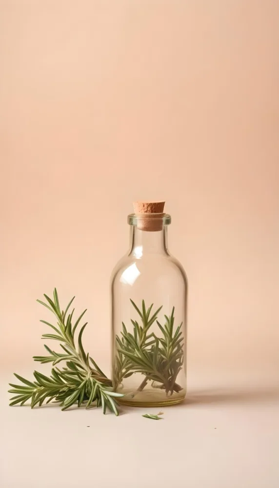 An Empty Transparent Glass Bottle With Rosemary Leaves In Front Of A Light Brown Background 4 E252