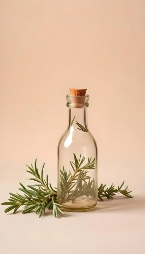 An Empty Transparent Glass Bottle With Rosemary Leaves In Front Of A Light Brown Background 6 Ae8a