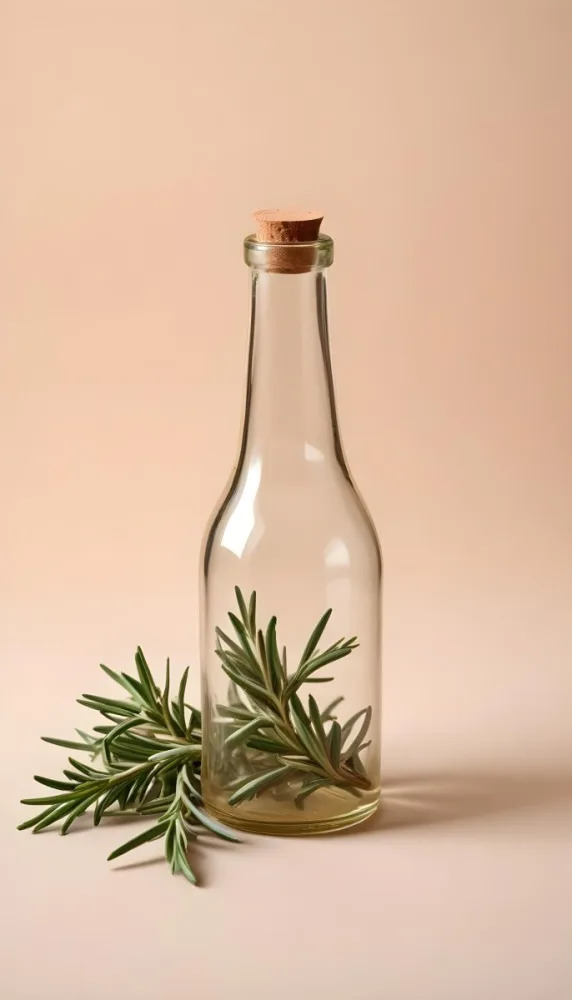 An Empty Transparent Glass Bottle With Rosemary Leaves In Front Of A Light Brown Background 7 1f89