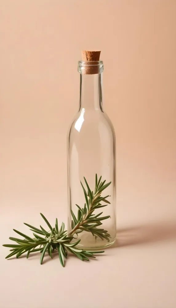 An Empty Transparent Glass Bottle With Rosemary Leaves In Front Of A Light Brown Background 8 8187