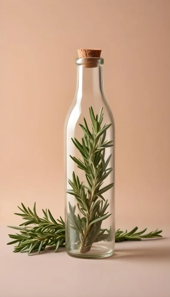 An Empty Transparent Glass Bottle With Rosemary Leaves In Front Of A Light Brown Background 9 0ca7