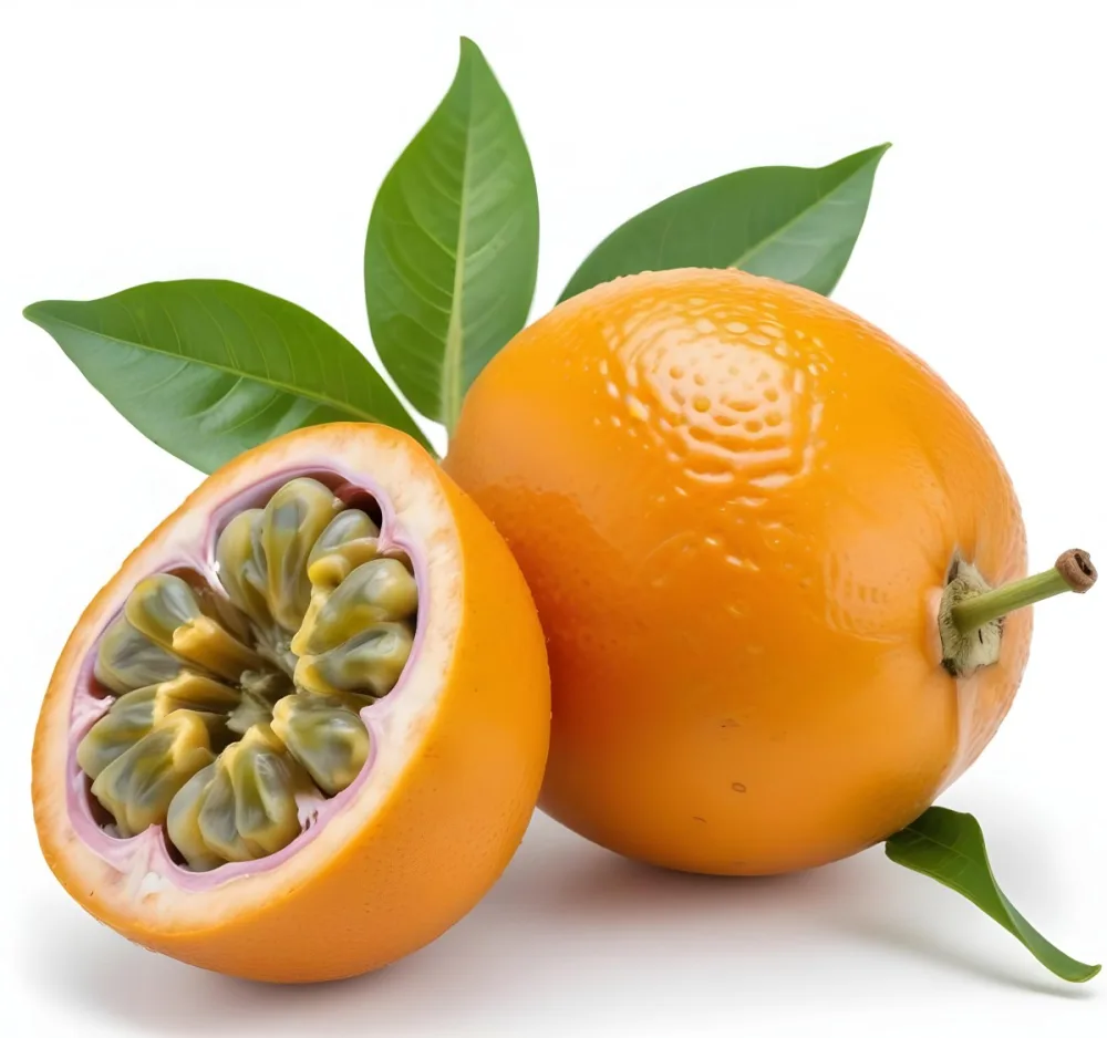 An Orange Passion Fruit With Green Leaves Cut In Half To Reveal The Black Seeds Inside 3 96c1