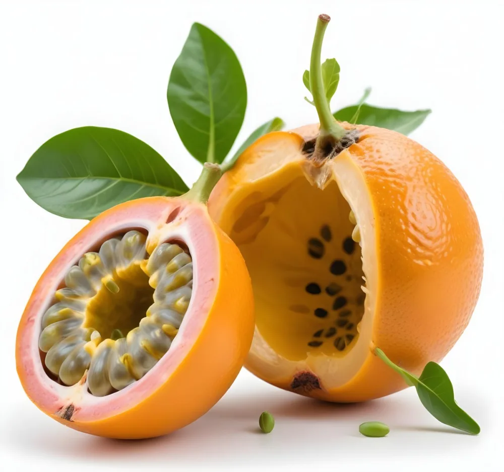 An Orange Passion Fruit With Green Leaves Cut In Half To Reveal The Black Seeds Inside 6 6f69