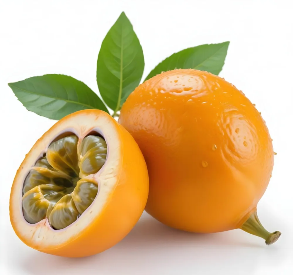 An Orange Passion Fruit With Green Leaves Cut In Half To Reveal The Black Seeds Inside 7 D561