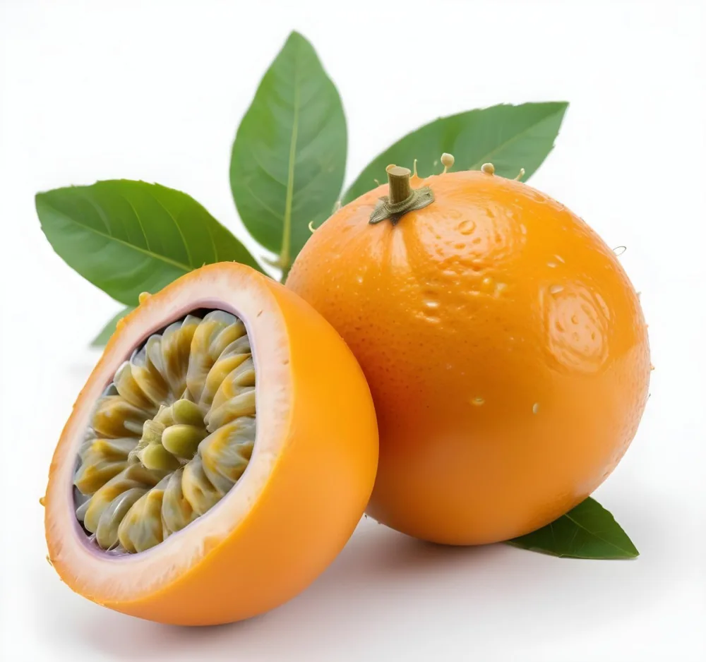 An Orange Passion Fruit With Green Leaves Cut In Half To Reveal The Black Seeds Inside 8 Fc4a