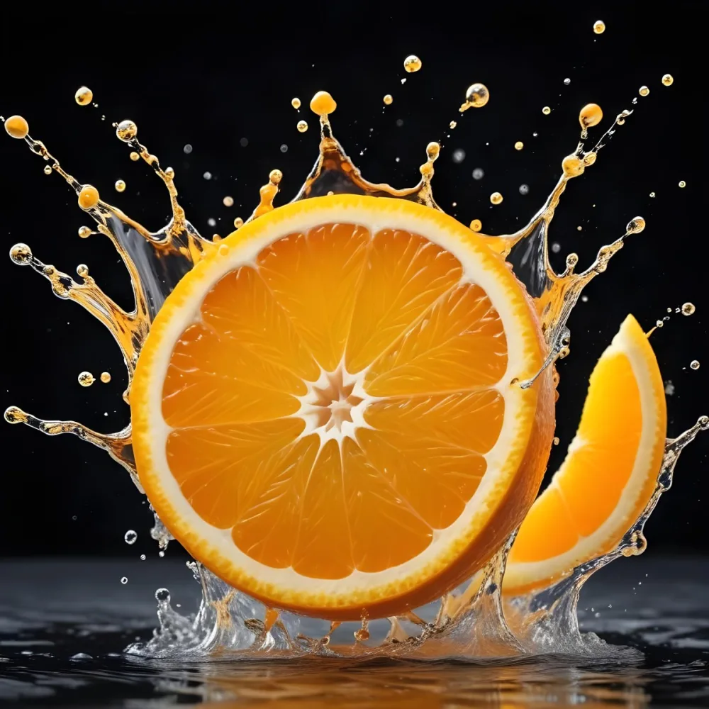 An Orange Slice With Juice Splashing Around It In A Bright Kitchen 2 3402
