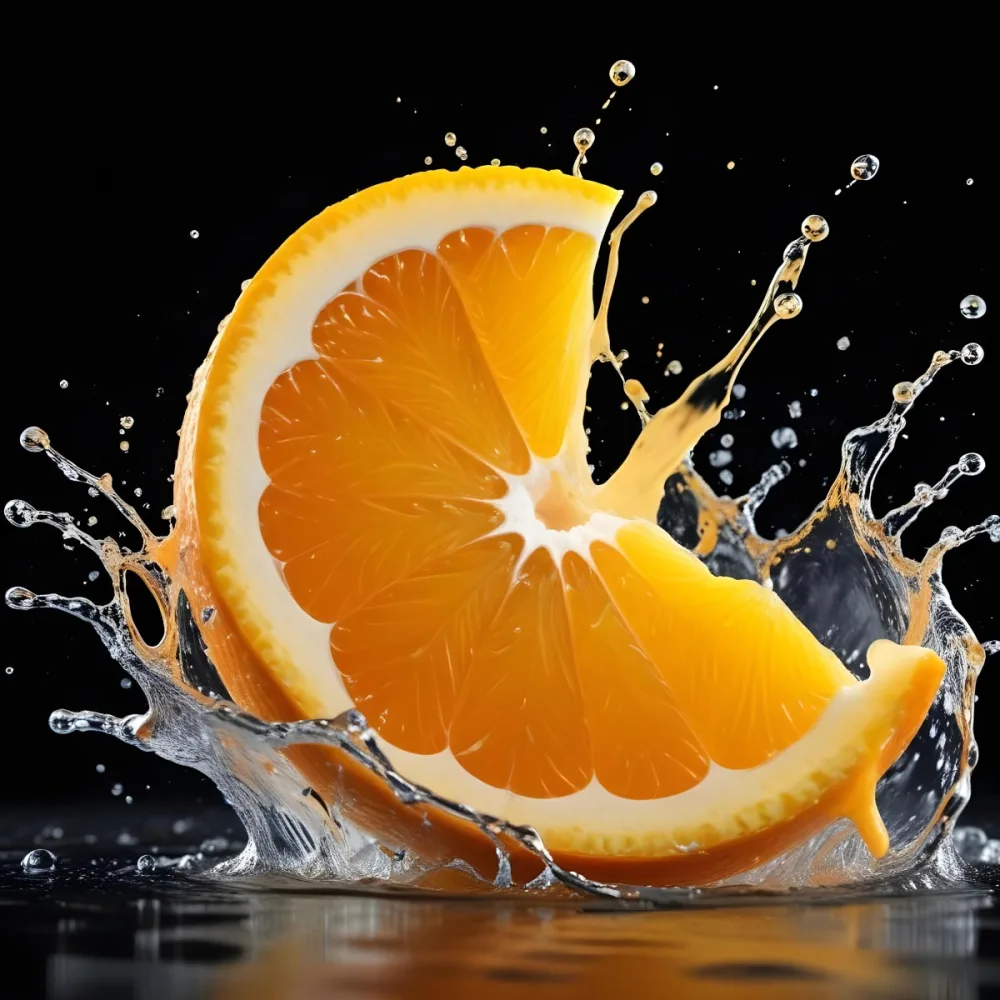 An Orange Slice With Juice Splashing Around It In A Bright Kitchen 42 6d71