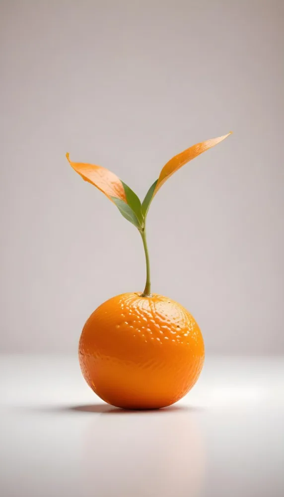 An Orange With A Small Stem On Top The Skin Is Textured And Bright Orange The Background Is White With Some Bokeh 5 B3a7