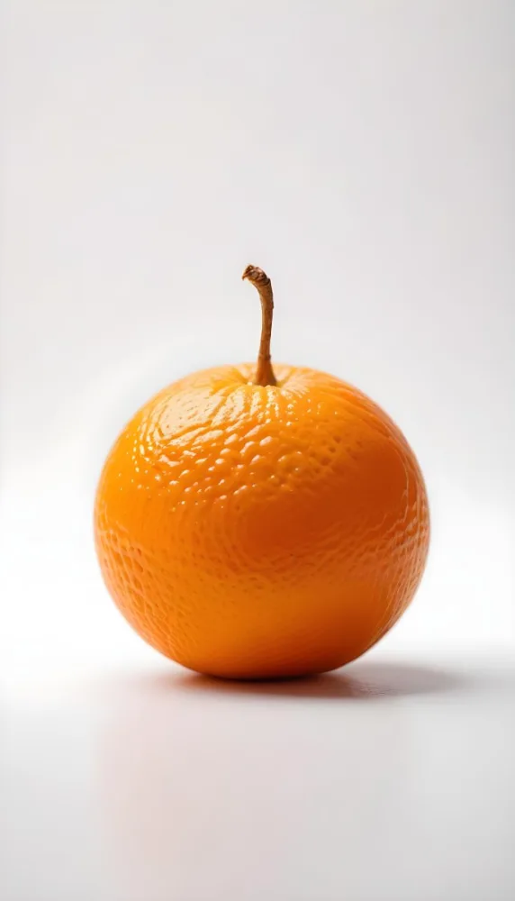 An Orange With A Small Stem On Top The Skin Is Textured And Bright Orange The Background Is White With Some Bokeh 7 484b