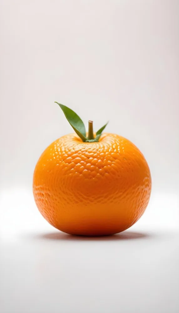 An Orange With A Small Stem On Top The Skin Is Textured And Bright Orange The Background Is White With Some Bokeh 8 94ef