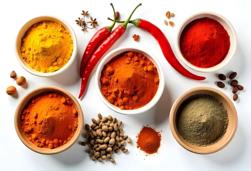 Bowls Of Spices Including Turmeric Chili Peppers Cumin Coriander
