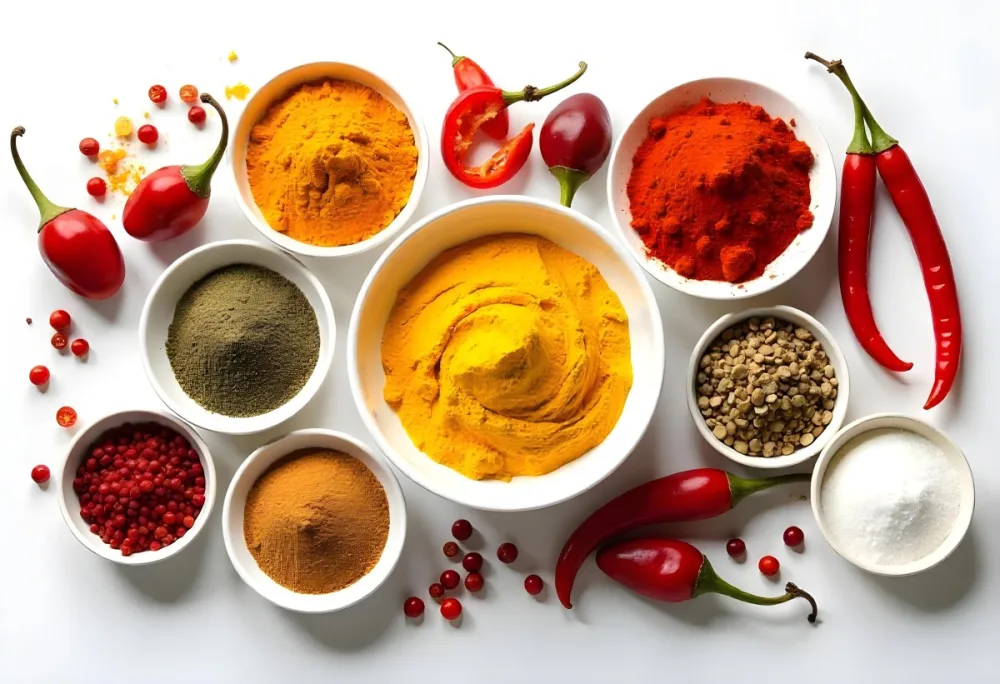 Bowls Of Spices Including Turmeric Chili Peppers Cumin Coriander And Other Ingredients Arranged On A White Surface Creating A Vibrant And Colorful Display Of Culinary Ingredients 12 Cfdc
