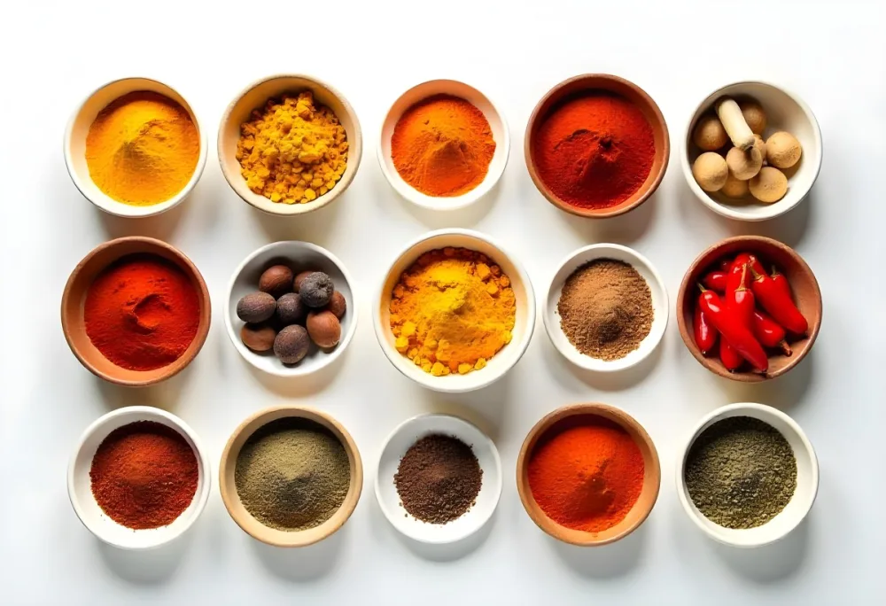Bowls Of Spices Including Turmeric Chili Peppers Cumin Coriander And Other Ingredients Arranged On A White Surface Creating A Vibrant And Colorful Display Of Culinary Ingredients 17 51b0
