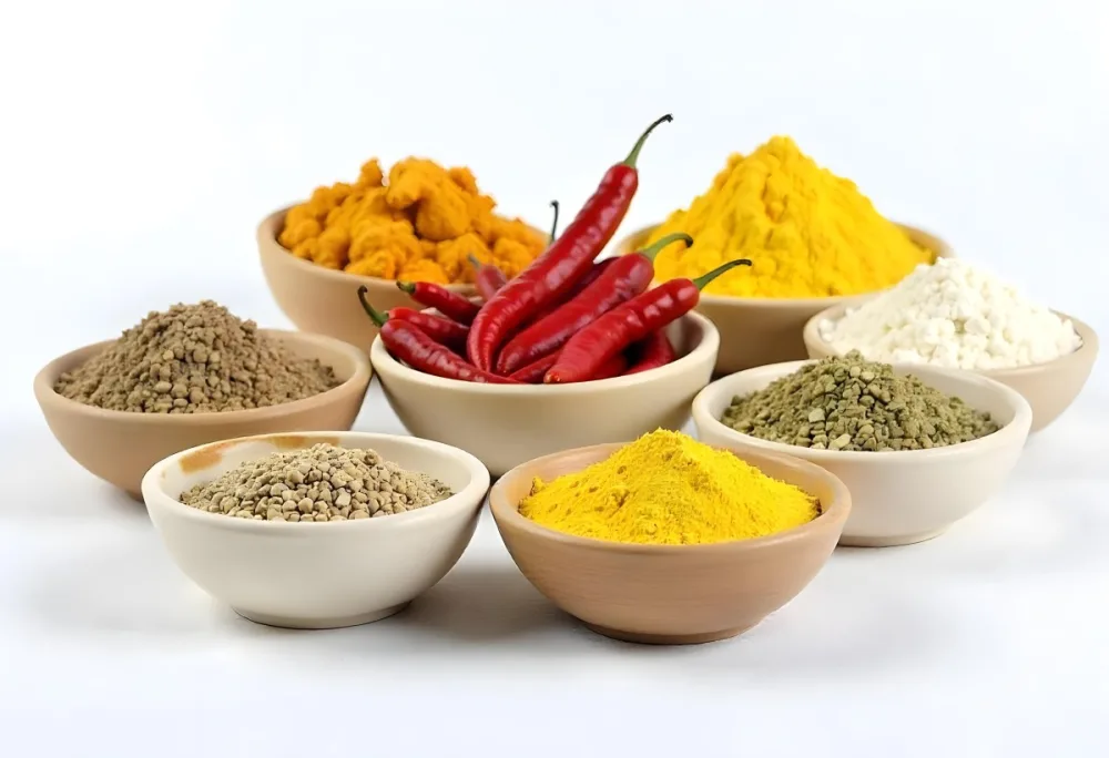 Bowls Of Spices Including Turmeric Chili Peppers Cumin Coriander And Other Ingredients Arranged On A White Surface Creating A Vibrant And Colorful Display Of Culinary Ingredients 18 D0d3