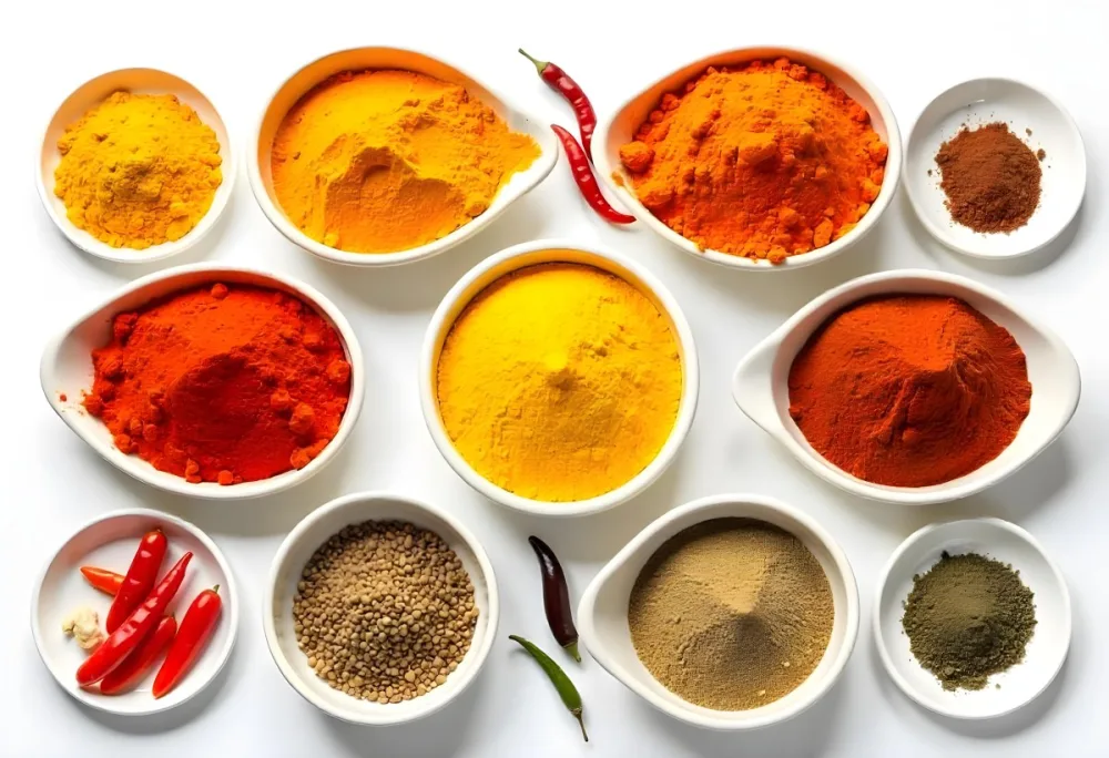Bowls Of Spices Including Turmeric Chili Peppers Cumin Coriander And Other Ingredients Arranged On A White Surface Creating A Vibrant And Colorful Display Of Culinary Ingredients 25 5702