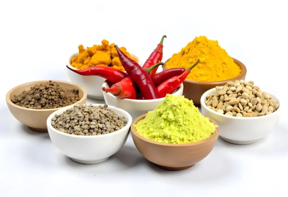 Bowls Of Spices Including Turmeric Chili Peppers Cumin Coriander And Other Ingredients Arranged On A White Surface Creating A Vibrant And Colorful Display Of Culinary Ingredients 26 2299