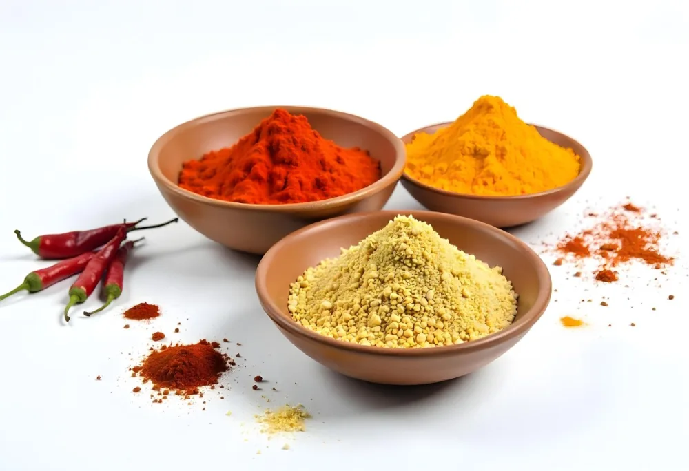Bowls Of Spices Including Turmeric Chili Peppers Cumin Coriander And Other Ingredients Arranged On A White Surface Creating A Vibrant And Colorful Display Of Culinary Ingredients 29 E9ab