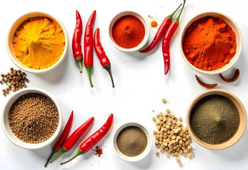 Bowls Of Spices Including Turmeric Chili Peppers Cumin Coriander And Other Ingredients Arranged On A White Surface Creating A Vibrant And Colorful Display Of Culinary Ingredients 3 775f