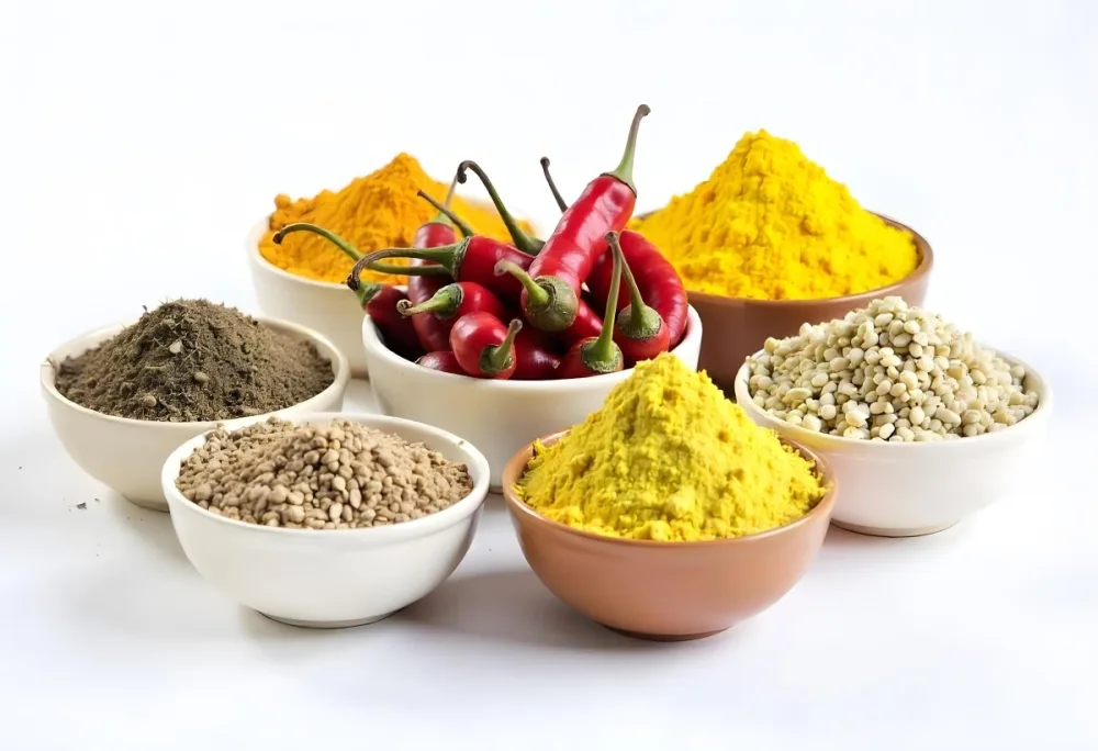 Bowls Of Spices Including Turmeric Chili Peppers Cumin Coriander And Other Ingredients Arranged On A White Surface Creating A Vibrant And Colorful Display Of Culinary Ingredients 30 A406