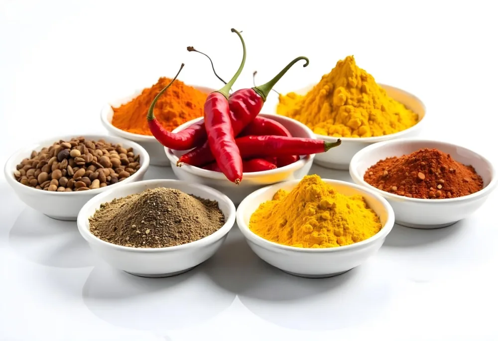 Bowls Of Spices Including Turmeric Chili Peppers Cumin Coriander And Other Ingredients Arranged On A White Surface Creating A Vibrant And Colorful Display Of Culinary Ingredients 31 3afa