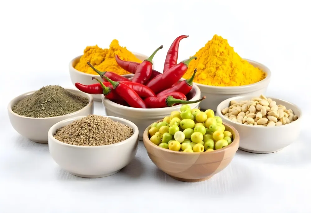 Bowls Of Spices Including Turmeric Chili Peppers Cumin Coriander And Other Ingredients Arranged On A White Surface Creating A Vibrant And Colorful Display Of Culinary Ingredients 32 A3d3