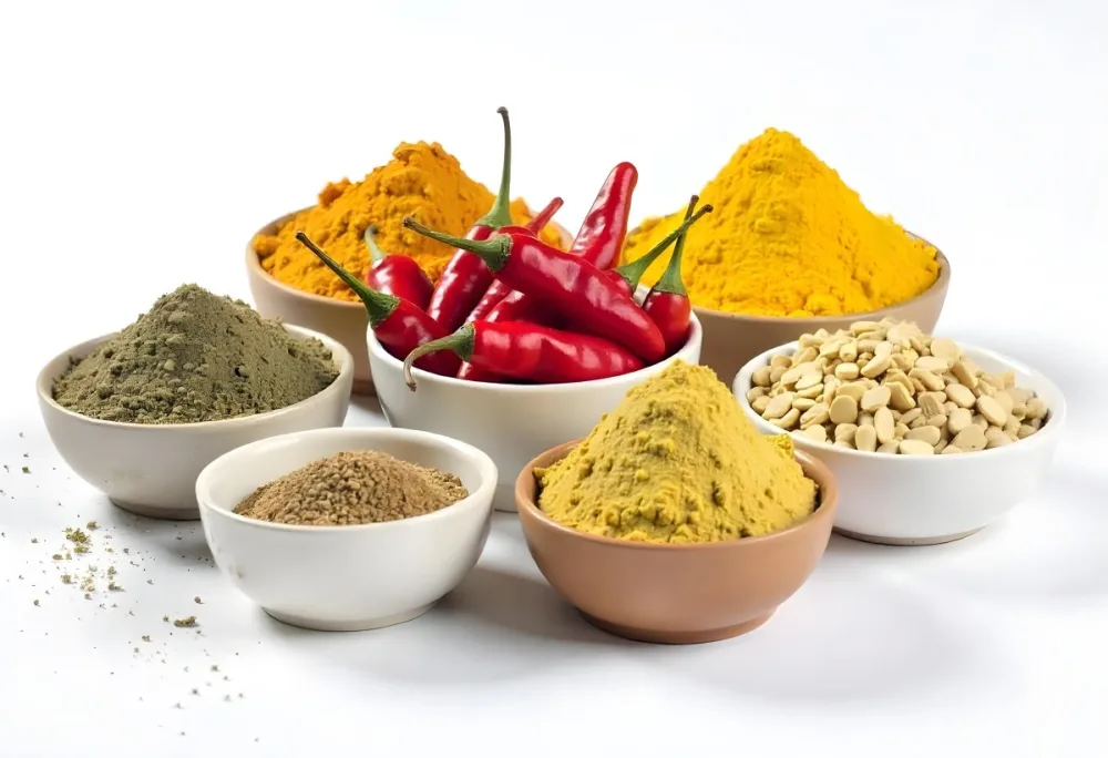 Bowls Of Spices Including Turmeric Chili Peppers Cumin Coriander And Other Ingredients Arranged On A White Surface Creating A Vibrant And Colorful Display Of Culinary Ingredients 4 5d8b