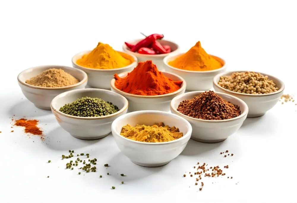 Bowls Of Spices Including Turmeric Chili Peppers Cumin Coriander And Other Ingredients Arranged On A White Surface Creating A Vibrant And Colorful Display Of Culinary Ingredients 6 5a21