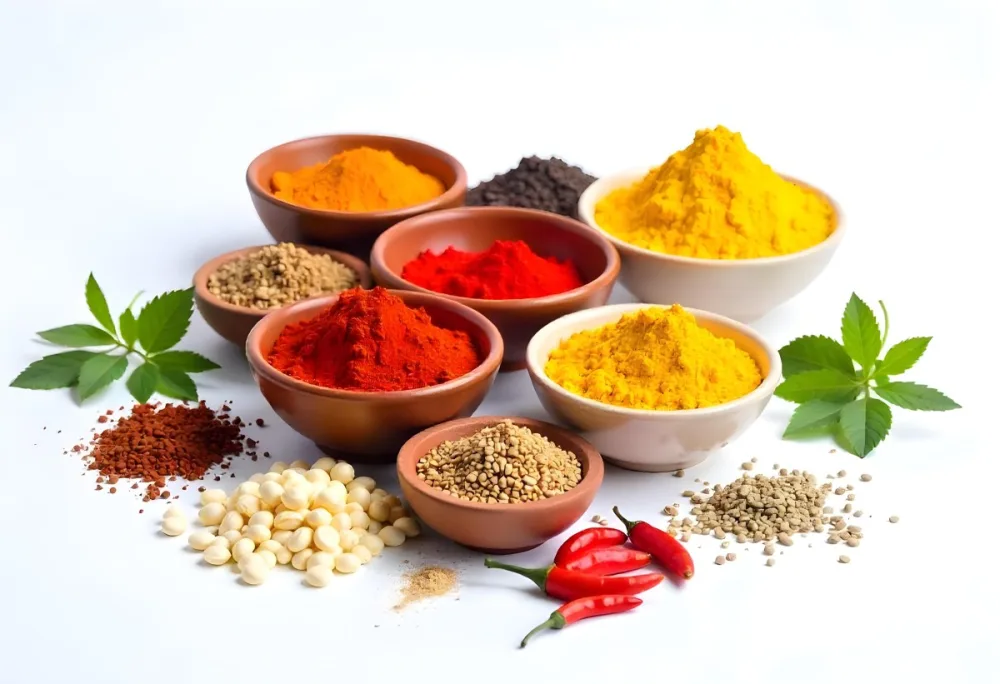 Bowls Of Spices Including Turmeric Chili Peppers Cumin Coriander And Other Ingredients Arranged On A White Surface Creating A Vibrant And Colorful Display Of Culinary Ingredients 8 7b2a