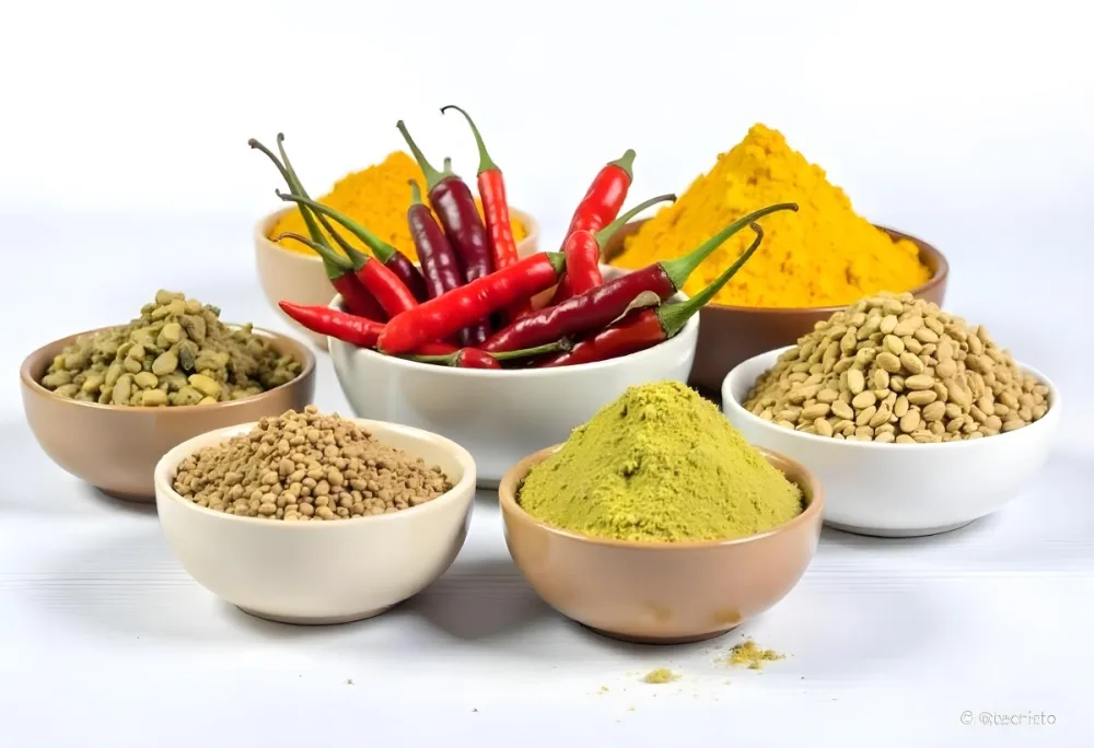 Bowls Of Spices Including Turmeric Chili Peppers Cumin Coriander And Other Ingredients Arranged On A White Surface Creating A Vibrant And Colorful Display Of Culinary Ingredients 9 B5dc