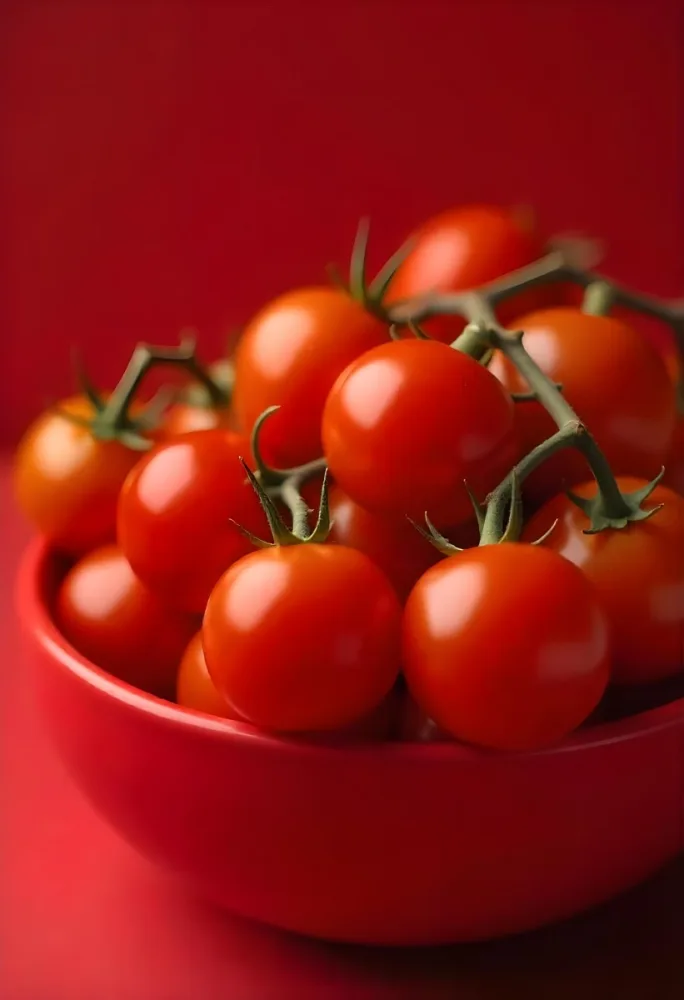 Cherry Tomatoes In A Red Bowl The Tomatoes Are Red And Ripe The Background Is Red And Out Of Focus 26 94a7