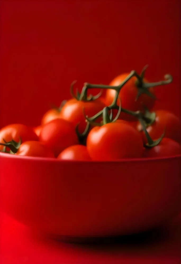 Cherry Tomatoes In A Red Bowl The Tomatoes Are Red And Ripe The Background Is Red And Out Of Focus 3 B4d9