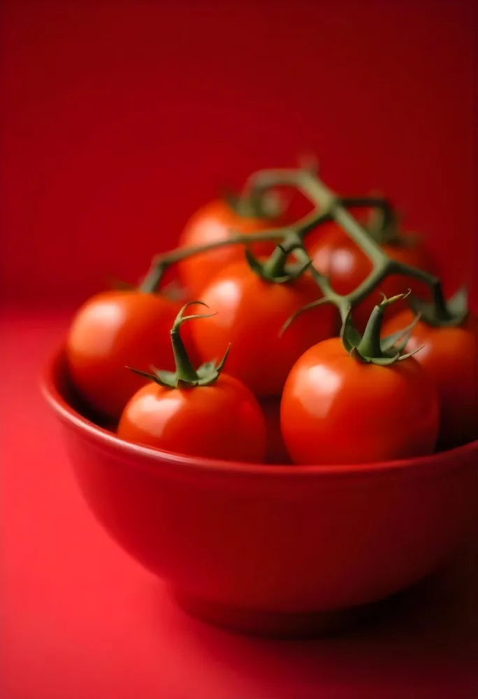 Cherry Tomatoes In A Red Bowl The Tomatoes Are Red And Ripe The Background Is Red And Out Of Focus 5 24ab
