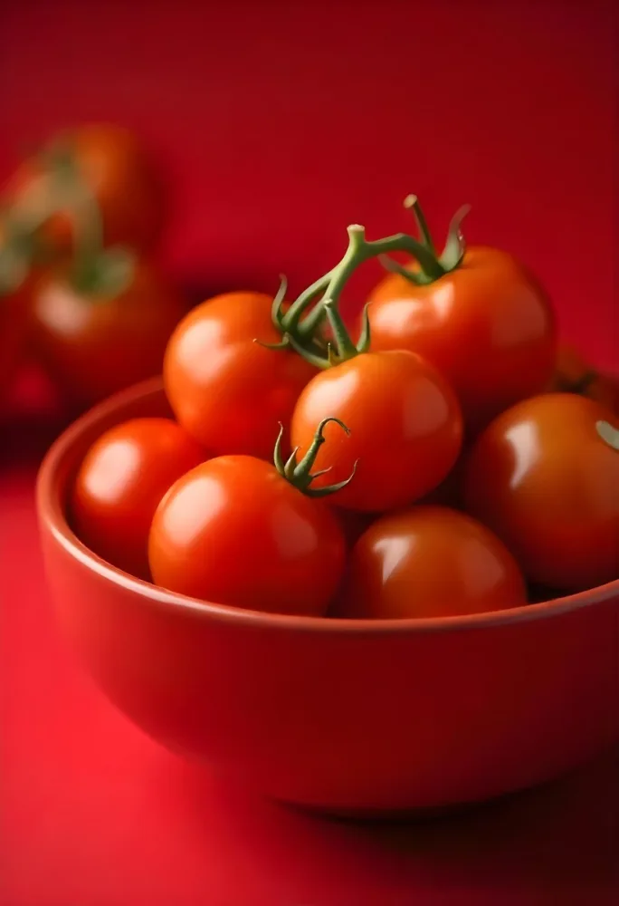 Cherry Tomatoes In A Red Bowl The Tomatoes Are Red And Ripe The Background Is Red And Out Of Focus 7 E036