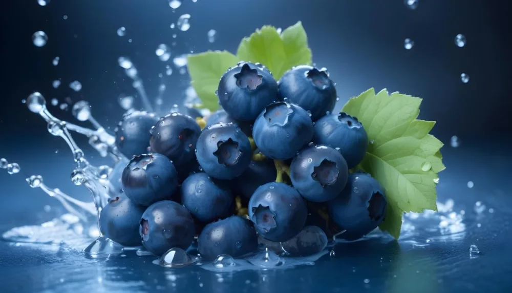 Cluster Of Fresh Ripe Blueberries With Water Droplets On A Blue Background 32 7a43 27f3
