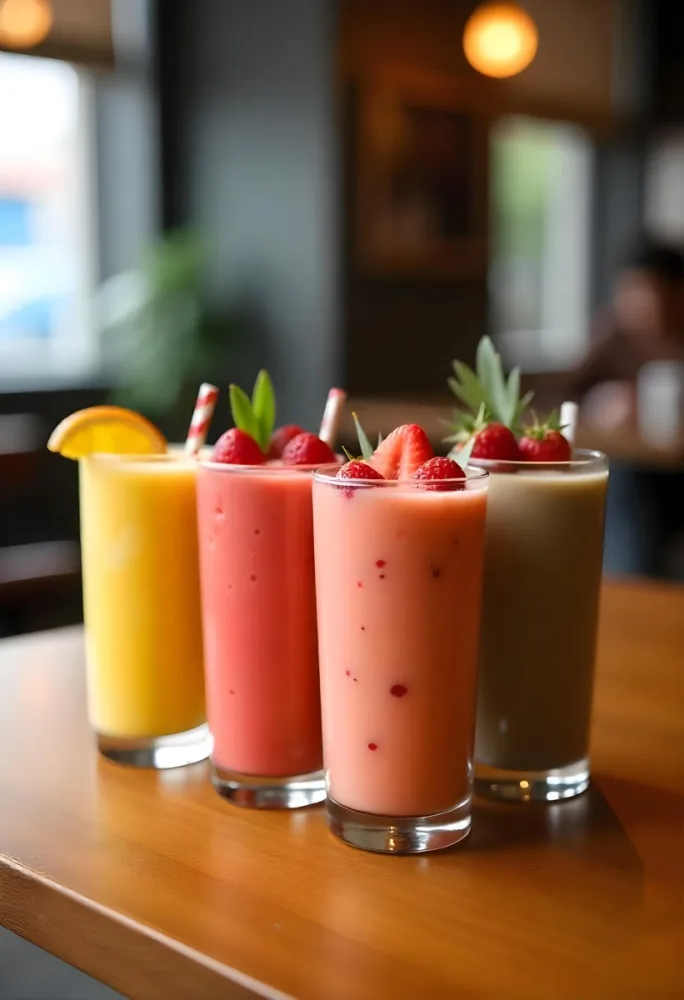 Four Glasses Of Smoothies With Different Colors And Fruits On Top On A Wooden Table In A Restaurant 19 1ea0