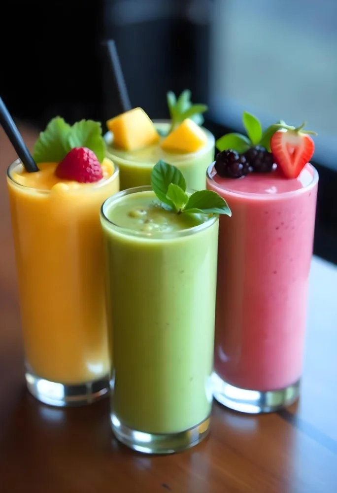 Four Glasses Of Smoothies With Different Colors And Fruits On Top On A Wooden Table In A Restaurant 20 D984