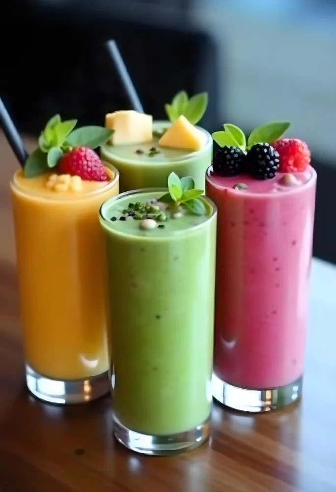 Four Glasses Of Smoothies With Different Colors And Fruits On Top On A Wooden Table In A Restaurant 21 Cf68
