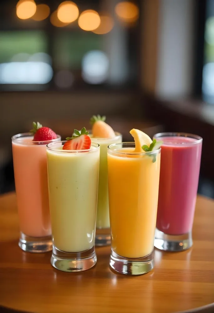 Four Glasses Of Smoothies With Different Colors And Fruits On Top On A Wooden Table In A Restaurant 3 0f30