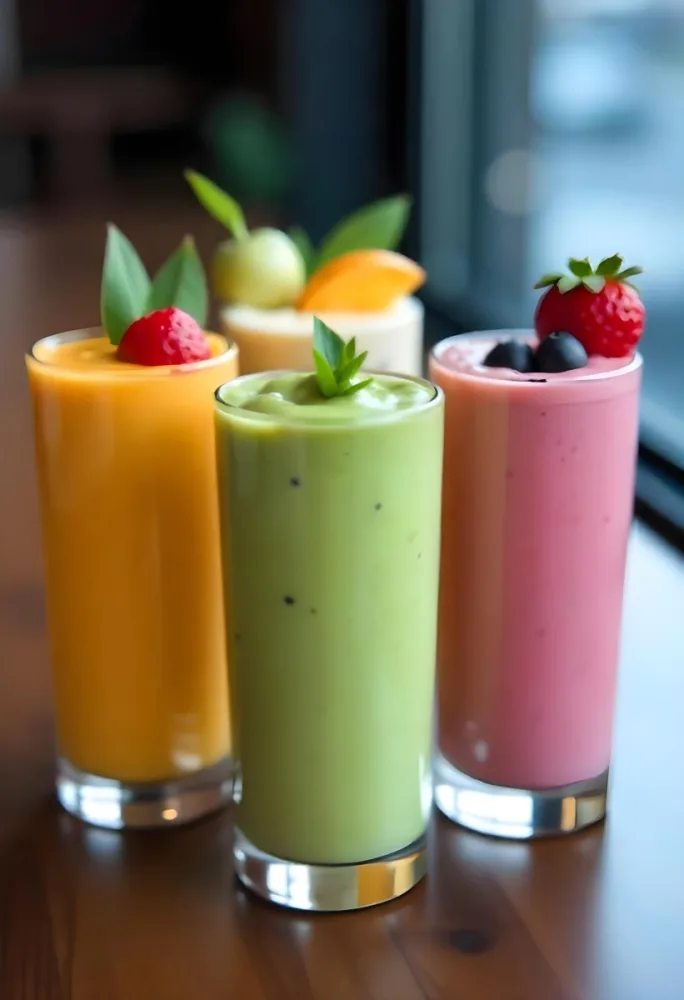 Four Glasses Of Smoothies With Different Colors And Fruits On Top On A Wooden Table In A Restaurant 4 F882