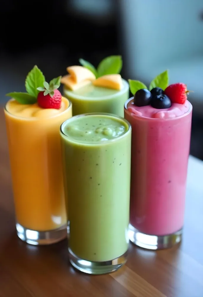 Four Glasses Of Smoothies With Different Colors And Fruits On Top On A Wooden Table In A Restaurant 5 E99b
