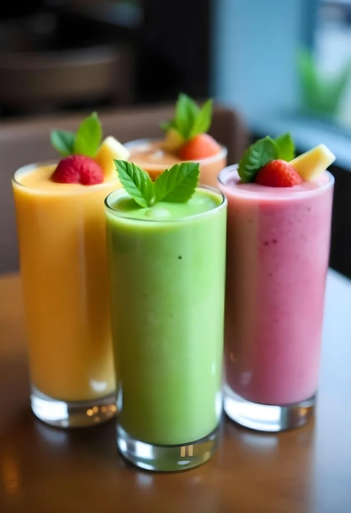 Four Glasses Of Smoothies With Different Colors And Fruits On Top On A Wooden Table In A Restaurant 7 Aed4
