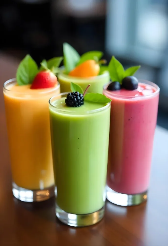 Four Glasses Of Smoothies With Different Colors And Fruits On Top On A Wooden Table In A Restaurant 8 707d