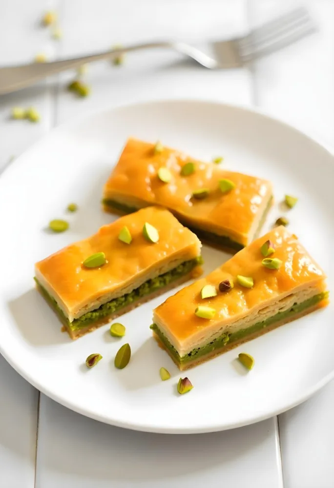 Four Pieces Of Baklava On A White Plate Garnished With Chopped Pistachios With A Fork In The Background On A Tiled Surface 11 71bb