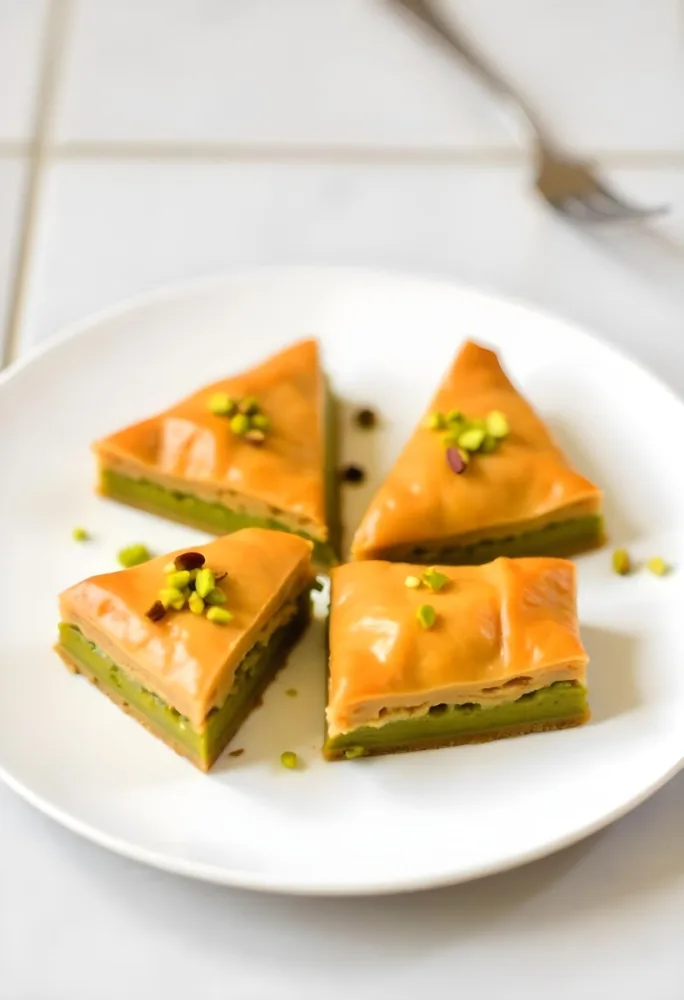 Four Pieces Of Baklava On A White Plate Garnished With Chopped Pistachios With A Fork In The Background On A Tiled Surface 12 Bdf5