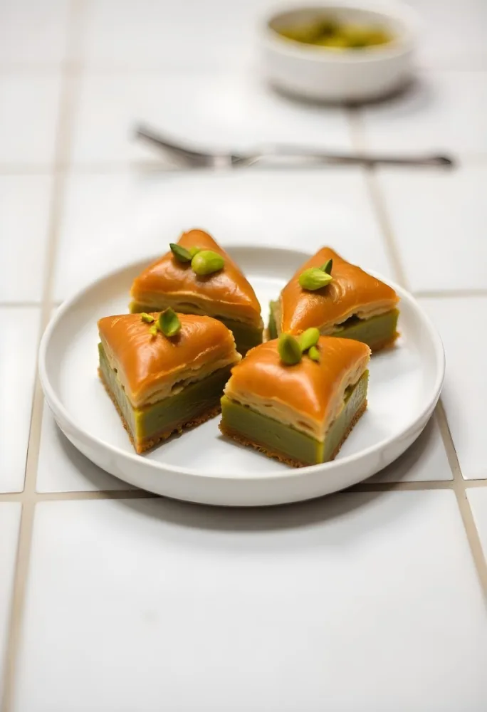 Four Pieces Of Baklava On A White Plate Garnished With Chopped Pistachios With A Fork In The Background On A Tiled Surface 14 1bec